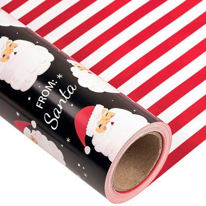 From Santa Christmas Wrapping Paper Roll with Red & White Horizontal Stripes on Reverse