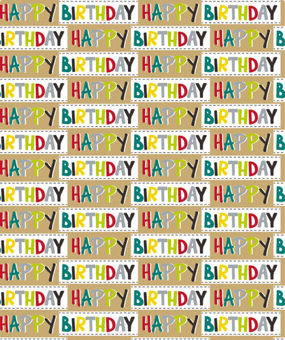 Happy Birthday Lettering Eco-friendly Kraft Wrapping Paper with Cut Line on Reverse