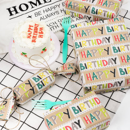 Happy Birthday Lettering Eco-friendly Kraft Wrapping Paper with Cut Line on Reverse