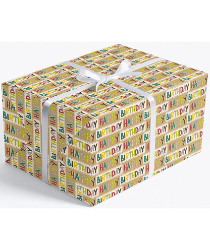 Happy Birthday Lettering Eco-friendly Kraft Wrapping Paper with Cut Line on Reverse