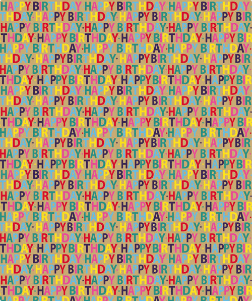 Happy Birthday Repeat Lettering Eco-friendly Kraft Wrapping Paper with Cut Line on Reverse