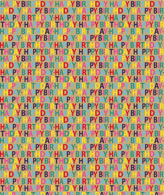 Happy Birthday Repeat Lettering Eco-friendly Kraft Wrapping Paper with Cut Line on Reverse