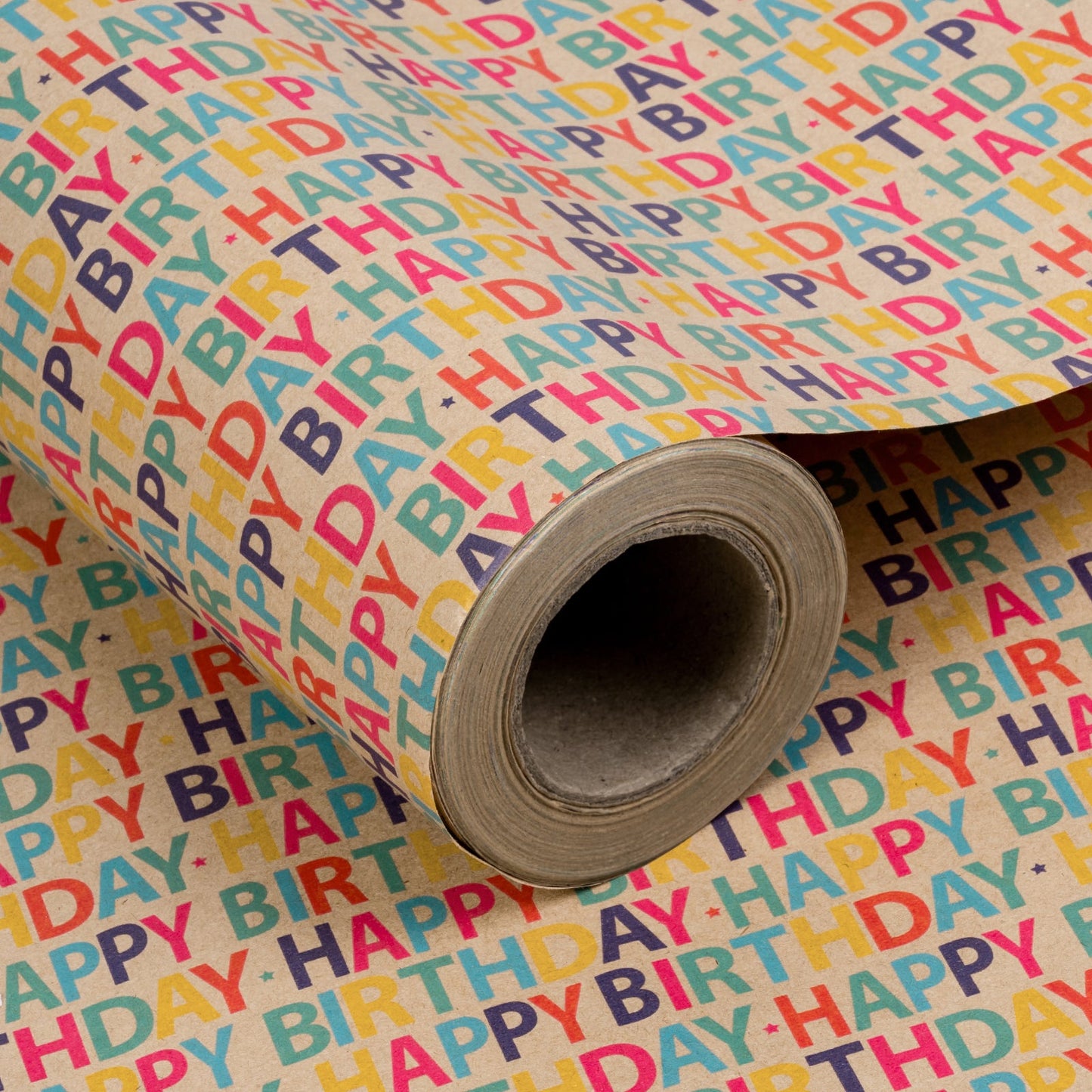 Happy Birthday Repeat Lettering Eco-friendly Kraft Wrapping Paper with Cut Line on Reverse