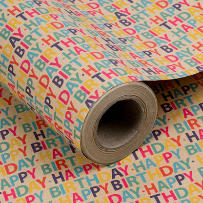Happy Birthday Repeat Lettering Eco-friendly Kraft Wrapping Paper with Cut Line on Reverse