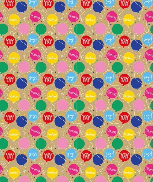 Hooray Birthday Balloon Eco-friendly Kraft Wrapping Paper with Cut Line on Reverse
