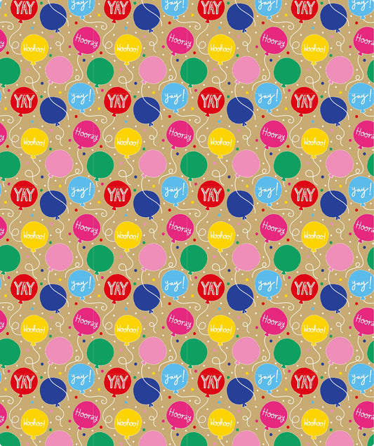 Hooray Birthday Balloon Eco-friendly Kraft Wrapping Paper with Cut Line on Reverse