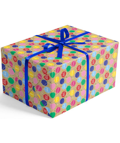 Hooray Birthday Balloon Eco-friendly Kraft Wrapping Paper with Cut Line on Reverse