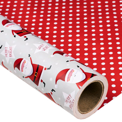 Merry & Bright Christmas Wrapping Paper Roll with White Polka Dots on Reverse