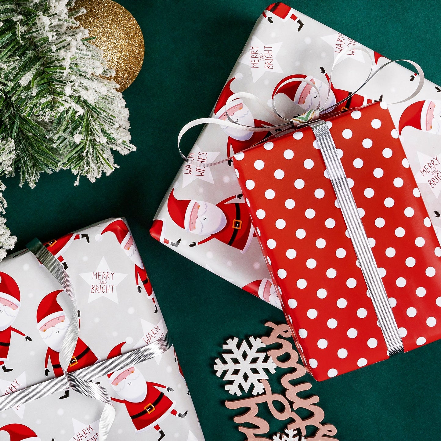 Merry & Bright Christmas Wrapping Paper Roll with White Polka Dots on Reverse
