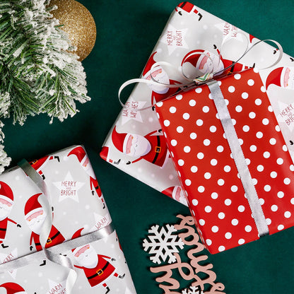 Merry & Bright Christmas Wrapping Paper Roll with White Polka Dots on Reverse