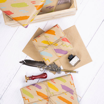 Multicolor Crayon Eco-friendly Kraft Wrapping Paper wtih Cut Line on Reverse