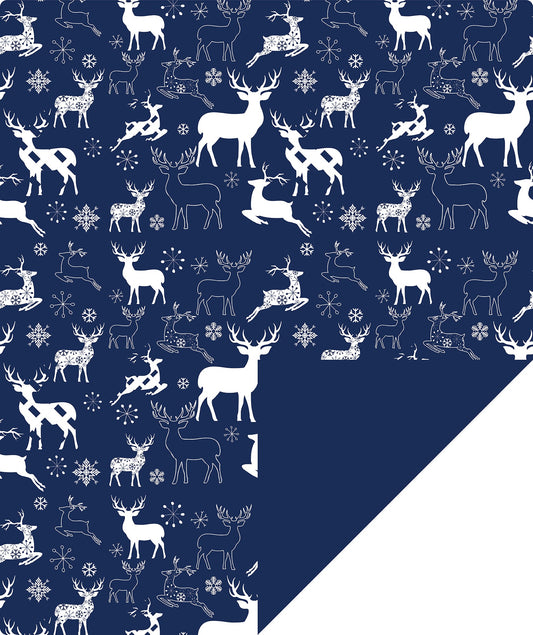 Navy Blue Deer Christmas Wrapping Paper Roll with Solid Navy Blue on Reverse.