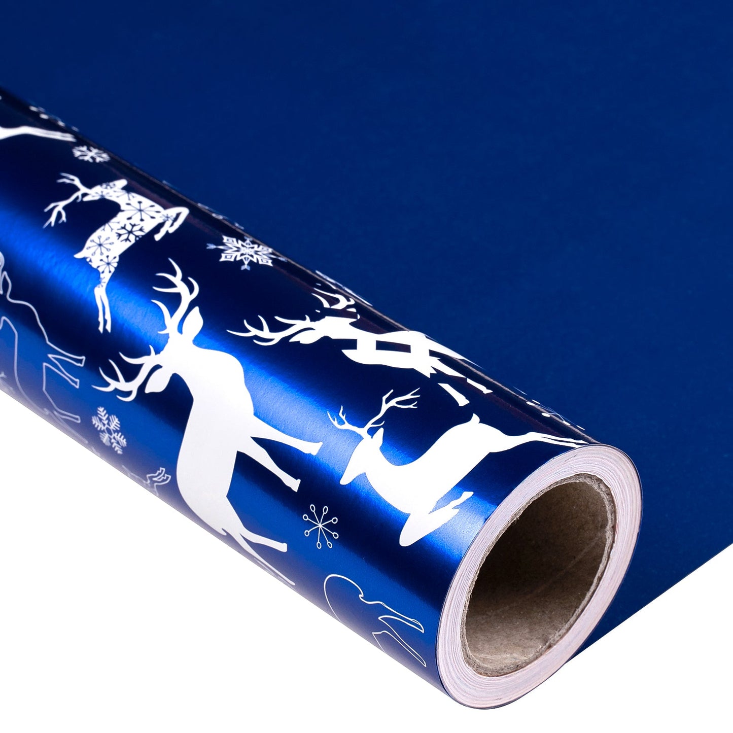 Navy Blue Deer Christmas Wrapping Paper Roll with Solid Navy Blue on Reverse.
