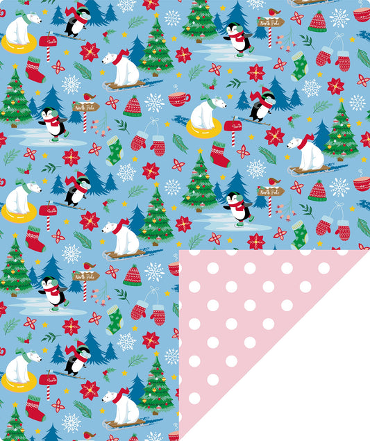 Northern Christmas Wrapping Paper Roll with White Polka Dots Printed on Pink Background