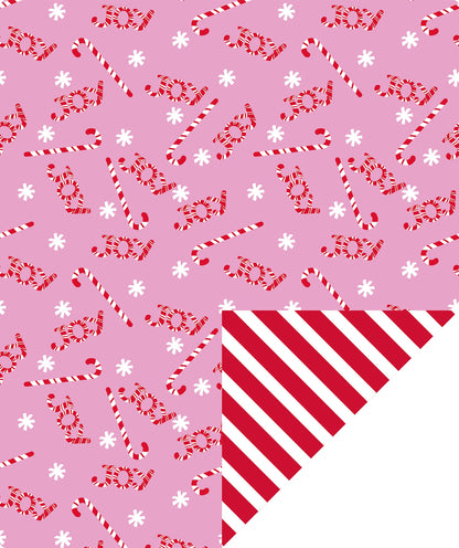 Pink Joy Candy Christmas Wrapping Paper Roll with Red & White Diagonal Stripes on Reverse