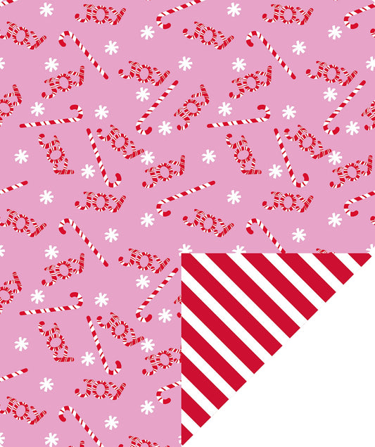 Pink Joy Candy Christmas Wrapping Paper Roll with Red & White Diagonal Stripes on Reverse