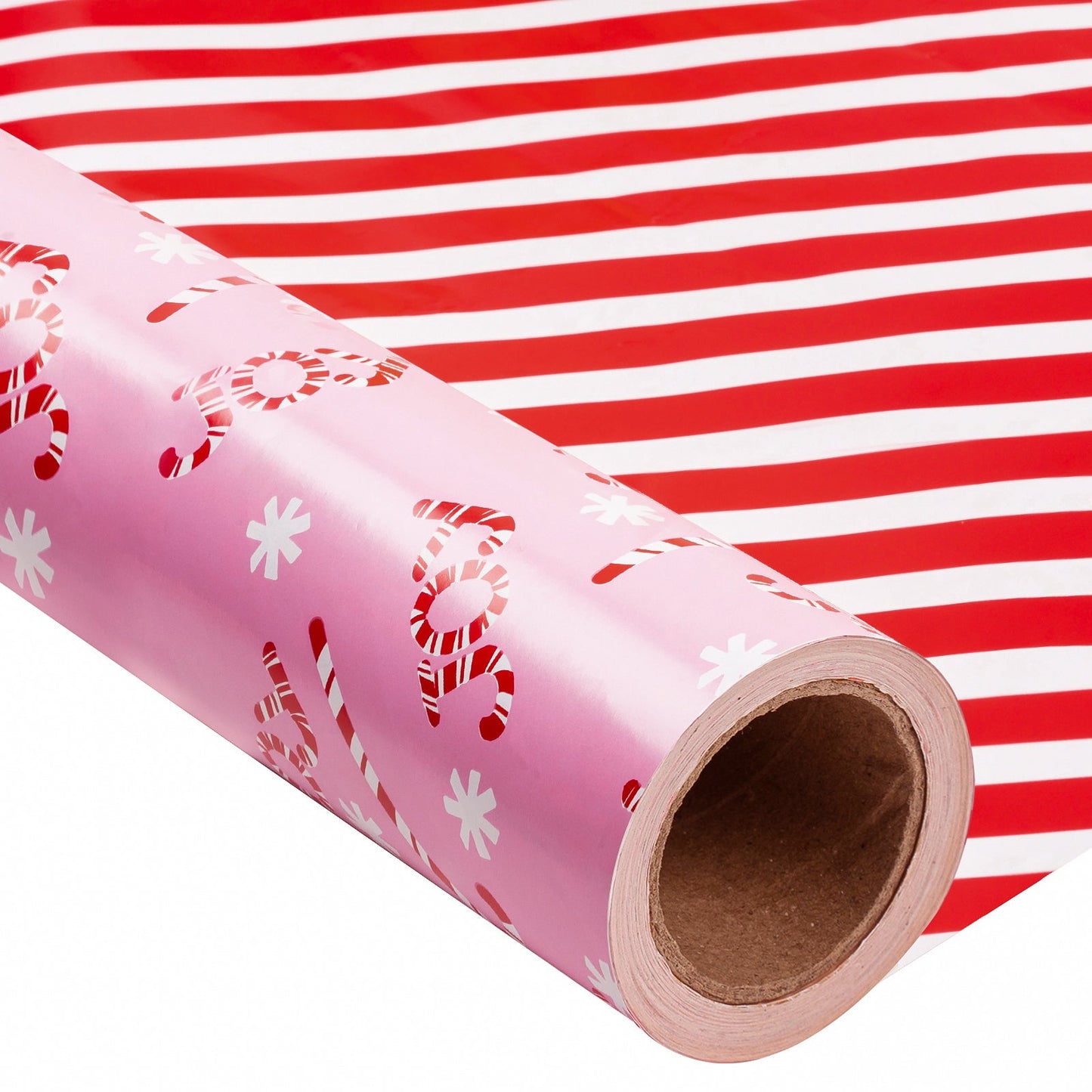 Pink Joy Candy Christmas Wrapping Paper Roll with Red & White Diagonal Stripes on Reverse