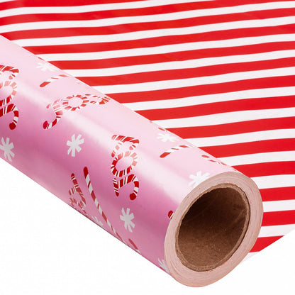 Pink Joy Candy Christmas Wrapping Paper Roll with Red & White Diagonal Stripes on Reverse