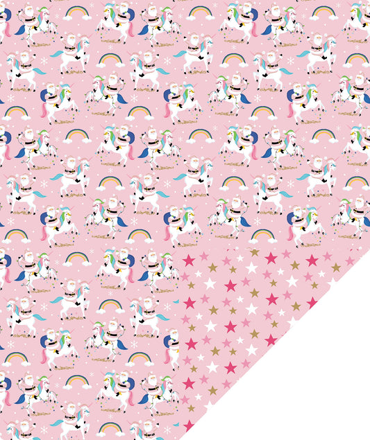Pink Santa Christmas Wrapping Paper Roll with Gold & Pink Starry on Reverse