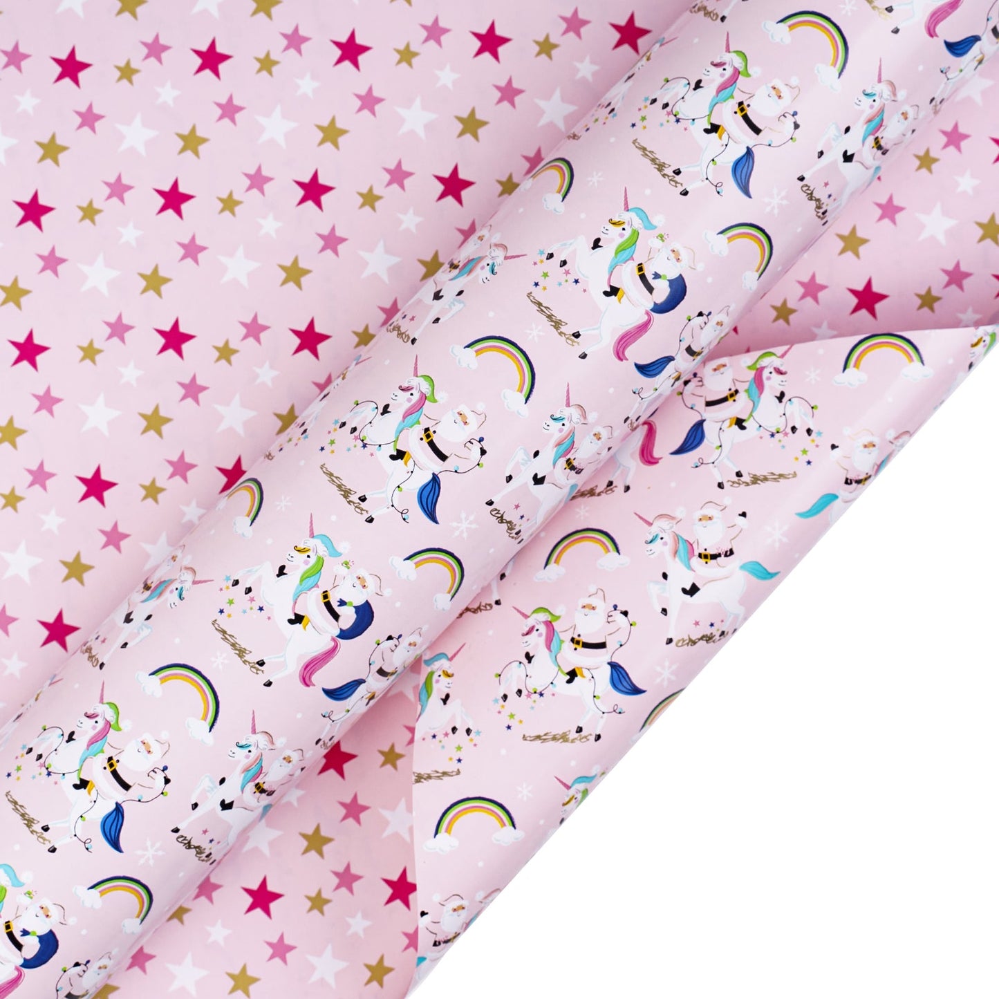 Pink Santa Christmas Wrapping Paper Roll with Gold & Pink Starry on Reverse