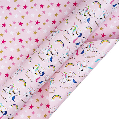 Pink Santa Christmas Wrapping Paper Roll with Gold & Pink Starry on Reverse