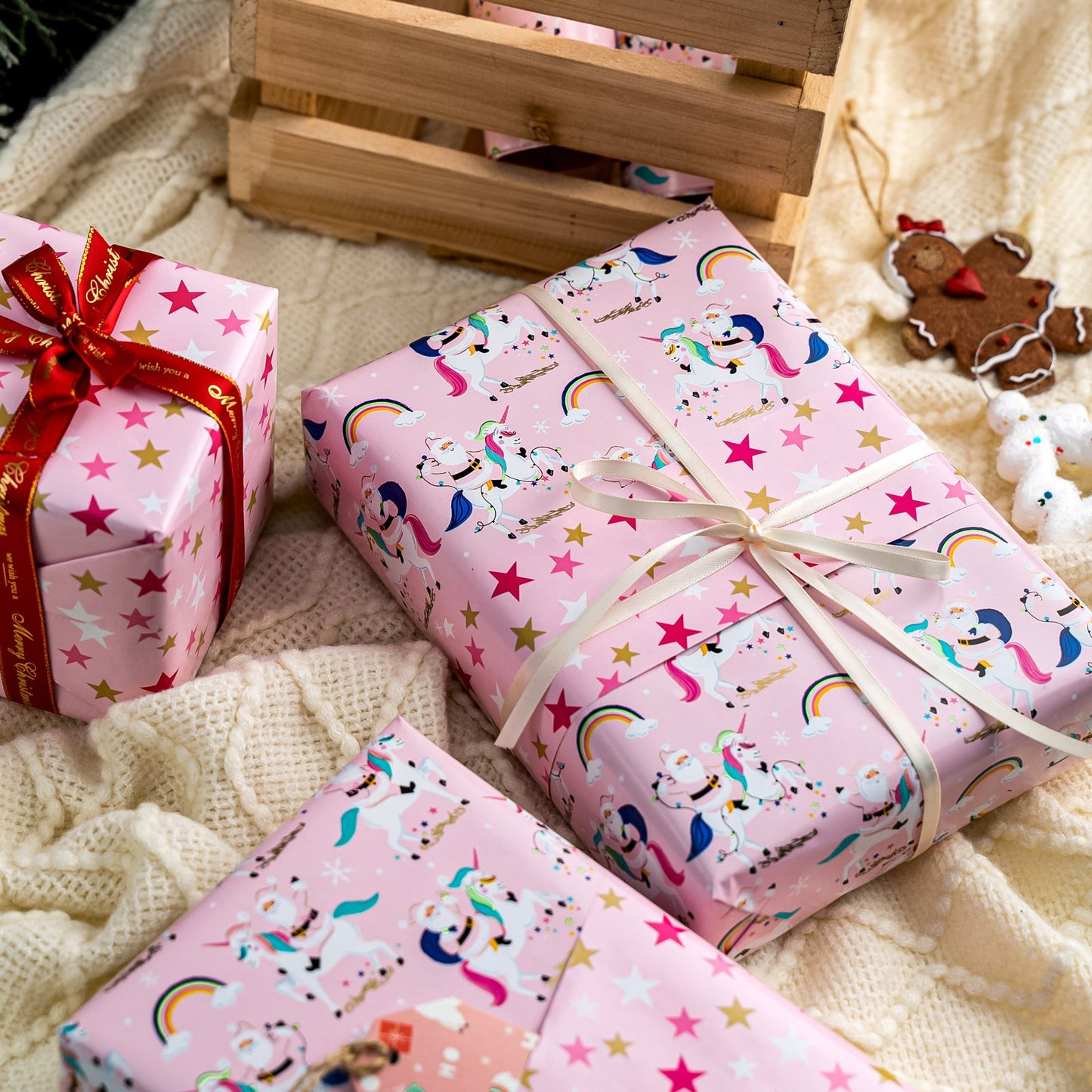 Pink Santa Christmas Wrapping Paper Roll with Gold & Pink Starry on Reverse