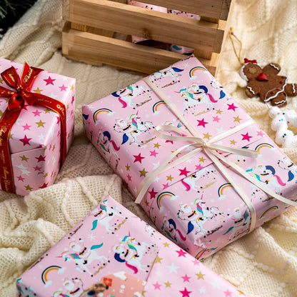Pink Santa Christmas Wrapping Paper Roll with Gold & Pink Starry on Reverse