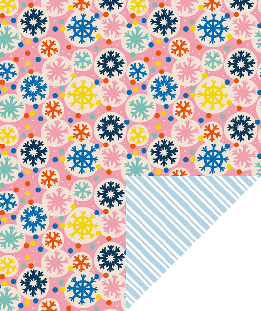 Pink Snowflake Christmas Wrapping Paper Roll with Blue & White Diagonal Stripes on The Back