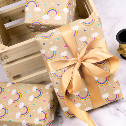 Rainbow Cloud & Star Eco-friendly Kraft Wrapping Paper with Cut Line on Reverse