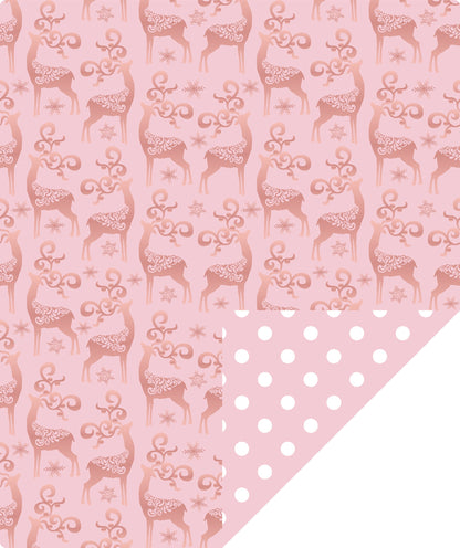 Rose Gold Deer Christmas Wrapping Paper Roll with White Polka Dots on Reverse