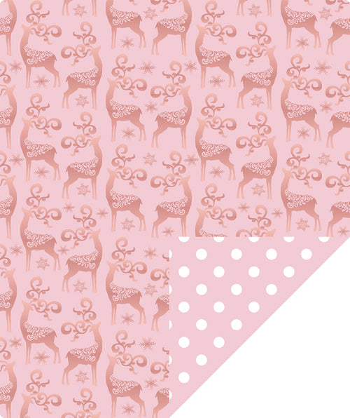 Rose Gold Deer Christmas Wrapping Paper Roll with White Polka Dots on Reverse