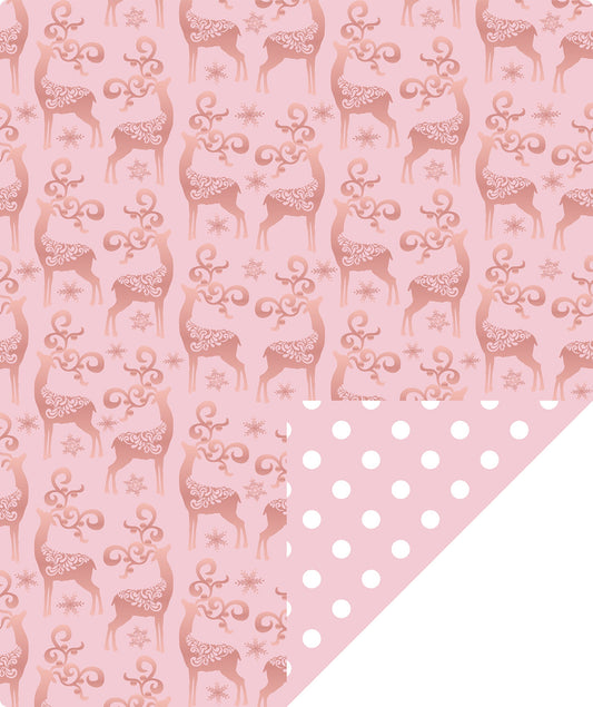 Rose Gold Deer Christmas Wrapping Paper Roll with White Polka Dots on Reverse