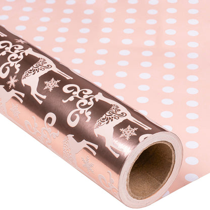 Rose Gold Deer Christmas Wrapping Paper Roll with White Polka Dots on Reverse