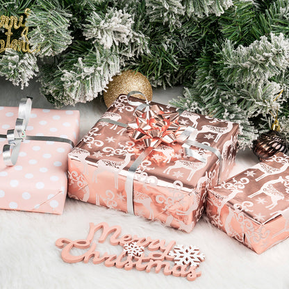 Rose Gold Deer Christmas Wrapping Paper Roll with White Polka Dots on Reverse