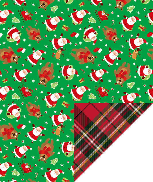 Santa & Bear Christmas Wrapping Paper Roll with Red & Black Buffalo Grid on Reverse