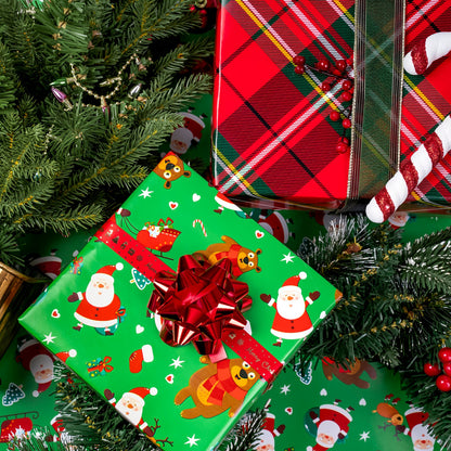 Santa & Bear Christmas Wrapping Paper Roll with Red & Black Buffalo Grid on Reverse