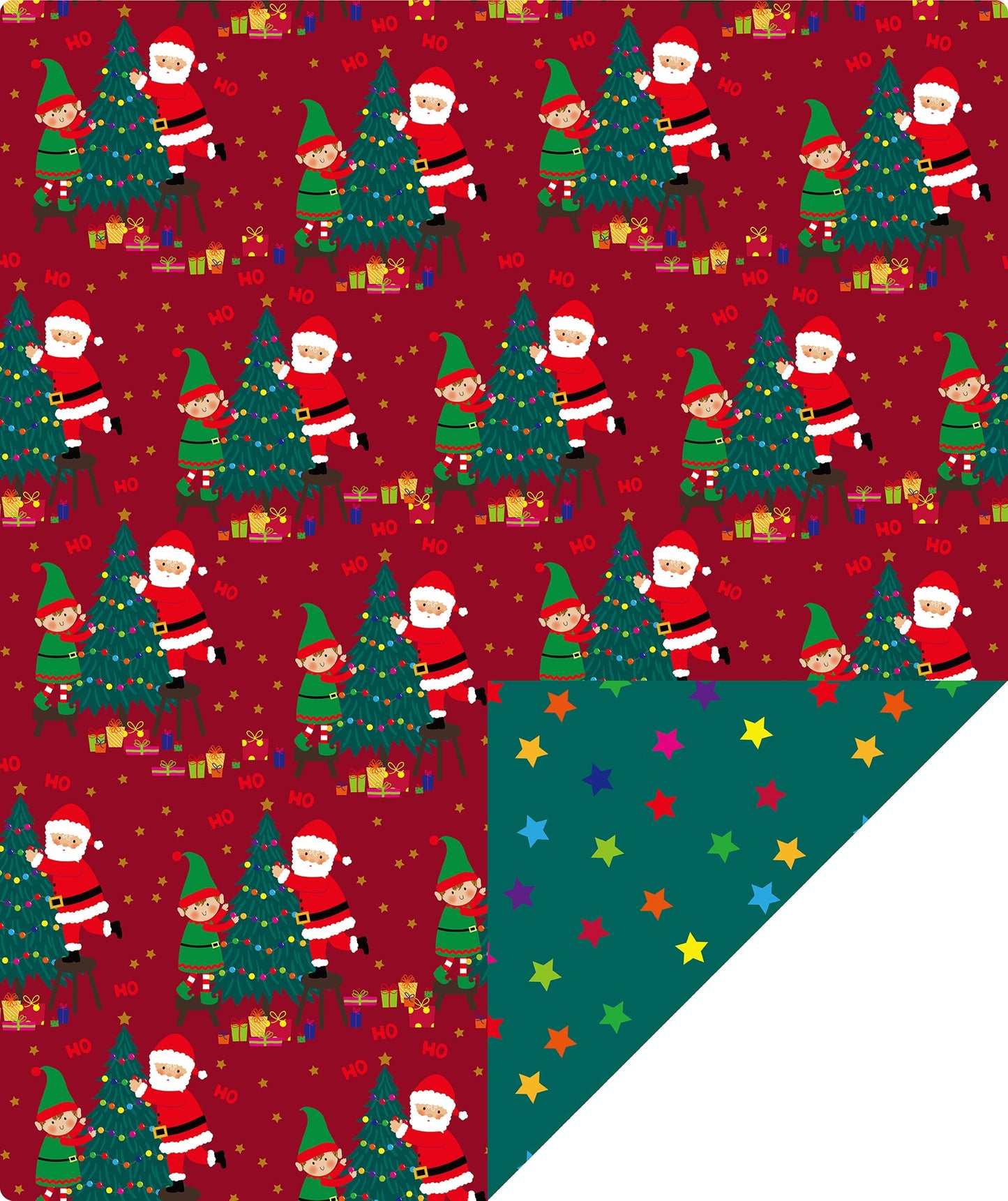 Santa & Elf Wrapping Paper Roll with Green Christmas Tree on Reverse