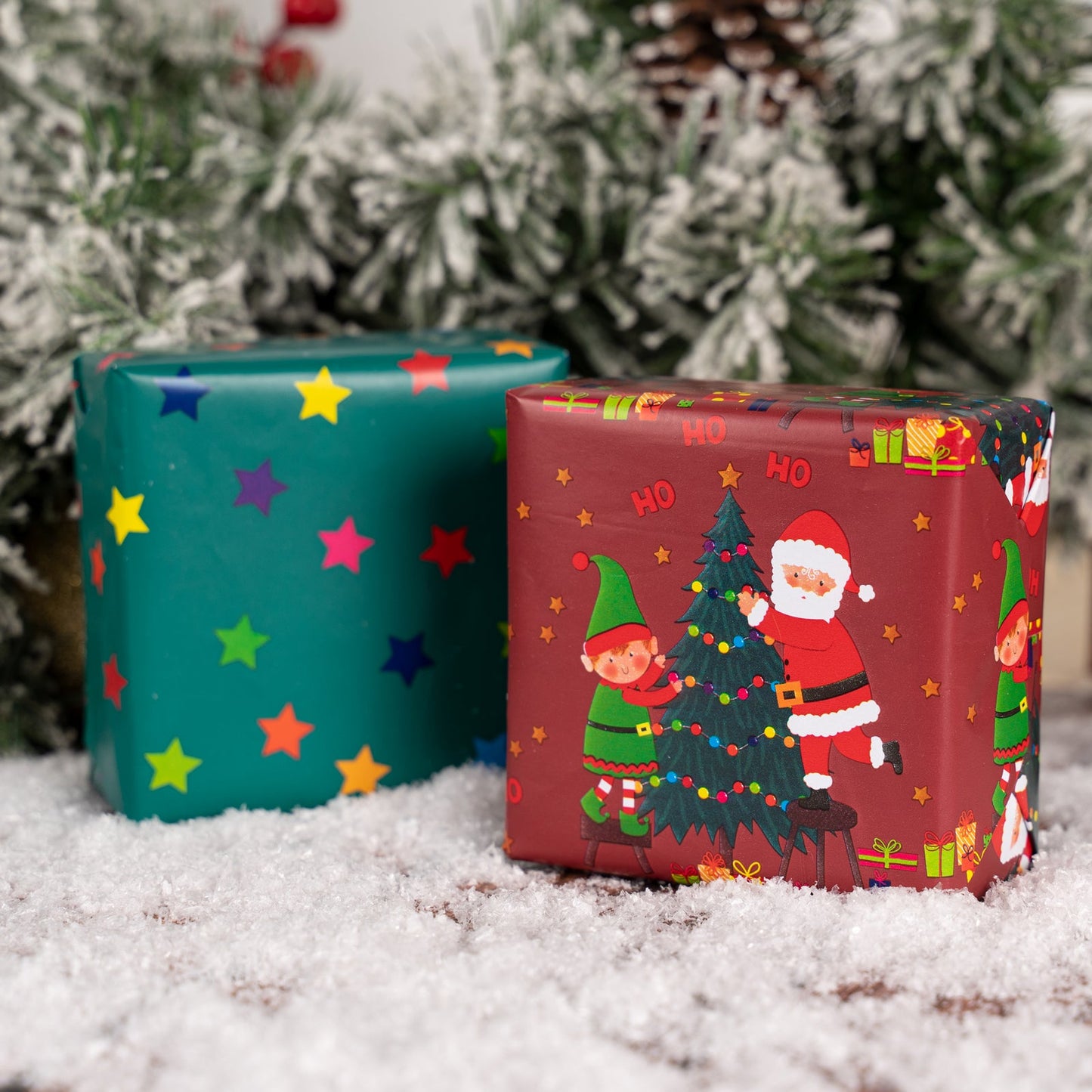 Santa & Elf Wrapping Paper Roll with Green Christmas Tree on Reverse