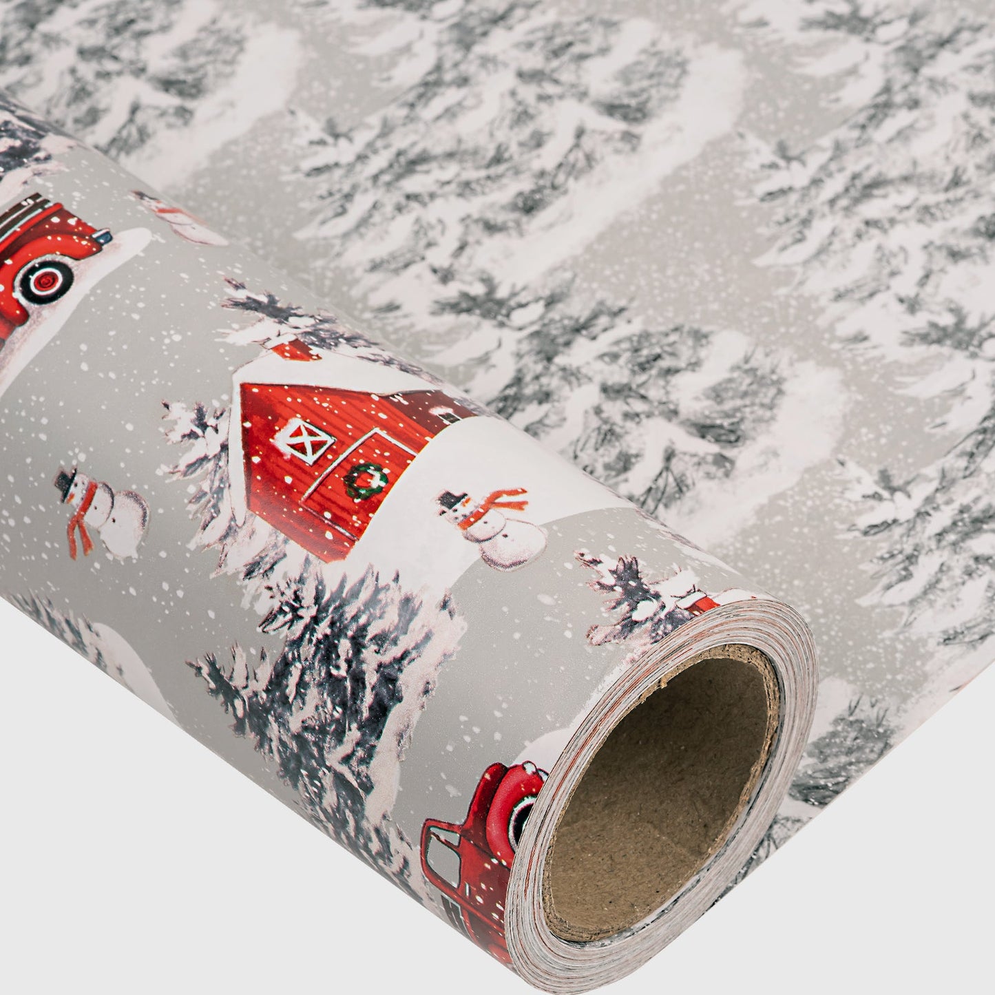 Snowscape Christmas Wrapping Paper Roll with Gray Christmas Tree on Reverse