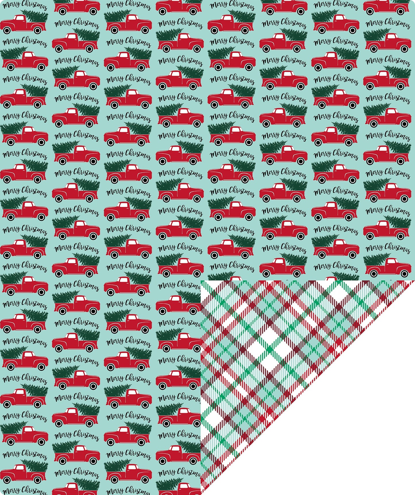 Tree Farm Car Christmas Wrapping Paper Roll with Red & Green Buffalo Grid on Reverse