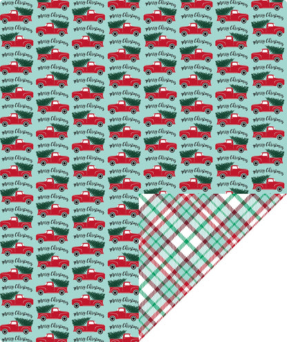 Tree Farm Car Christmas Wrapping Paper Roll with Red & Green Buffalo Grid on Reverse