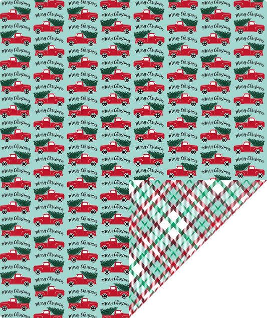 Tree Farm Car Christmas Wrapping Paper Roll with Red & Green Buffalo Grid on Reverse
