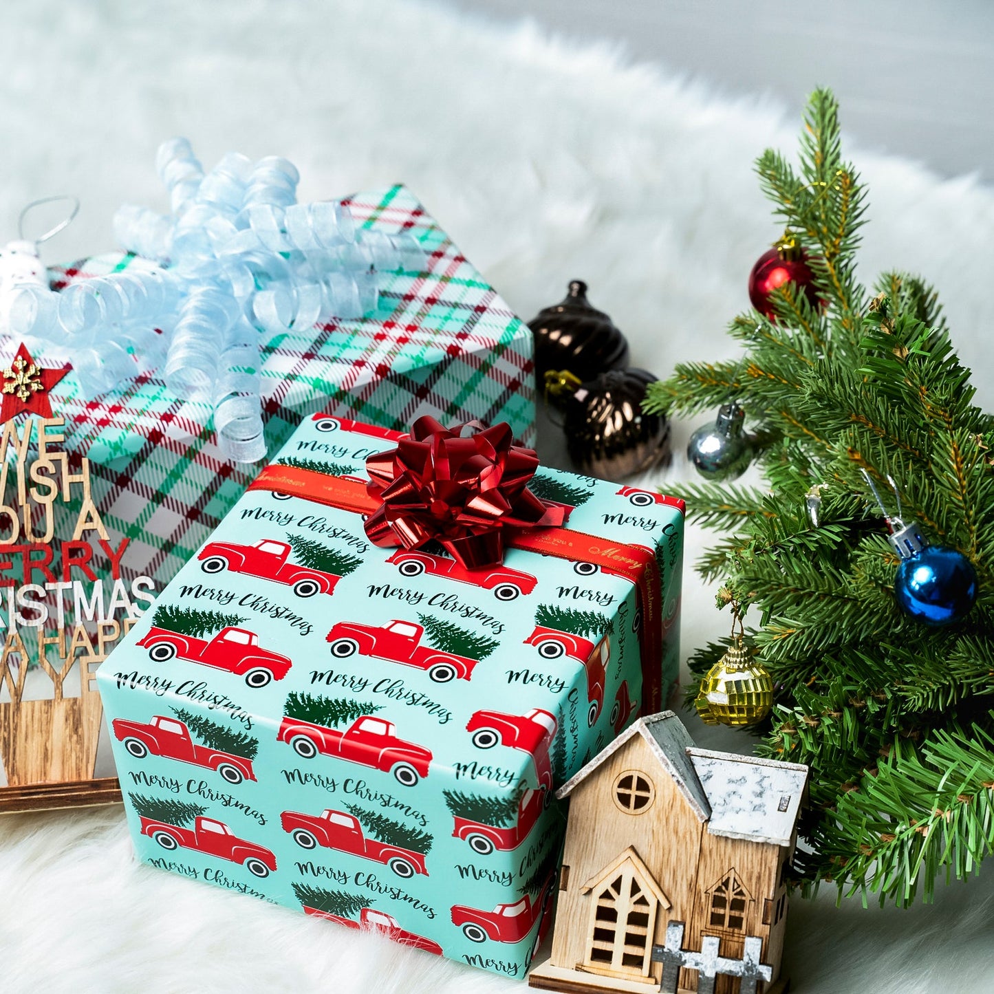 Tree Farm Car Christmas Wrapping Paper Roll with Red & Green Buffalo Grid on Reverse