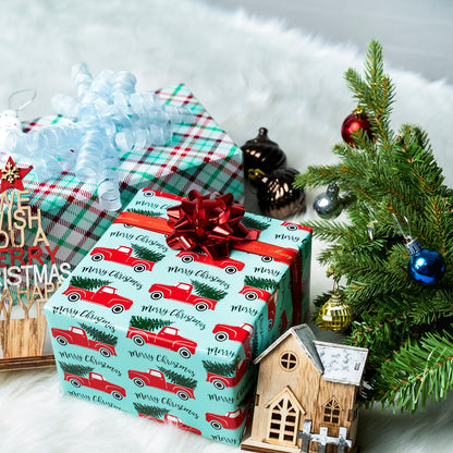 Tree Farm Car Christmas Wrapping Paper Roll with Red & Green Buffalo Grid on Reverse