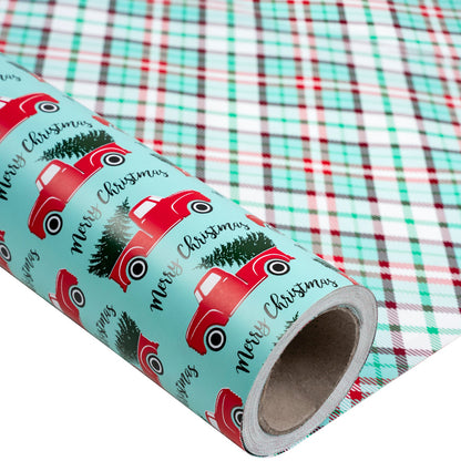 Tree Farm Car Christmas Wrapping Paper Roll with Red & Green Buffalo Grid on Reverse