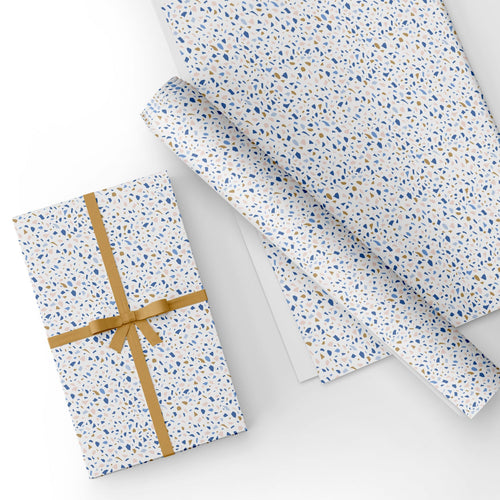 White and Blue Terrazo Flat Wrapping Paper Sheet 19.7" X 27.6"