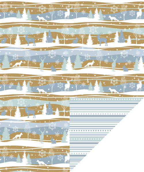 Winter Landscape Gold Christmas Wrapping Paper Roll with White Polka Dot & Stripe on Reverse