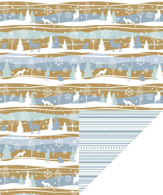Winter Landscape Gold Christmas Wrapping Paper Roll with White Polka Dot & Stripe on Reverse