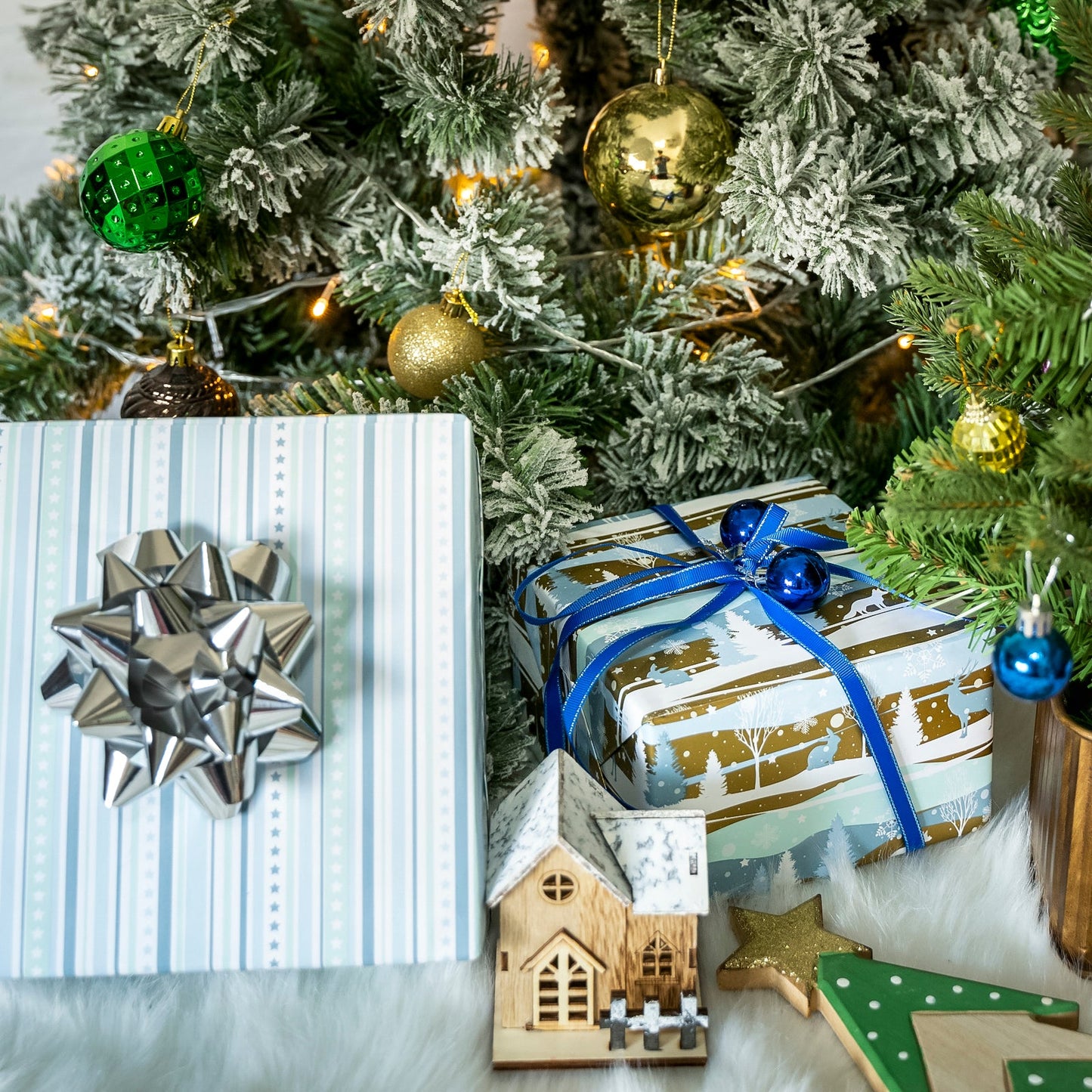 Winter Landscape Gold Christmas Wrapping Paper Roll with White Polka Dot & Stripe on Reverse