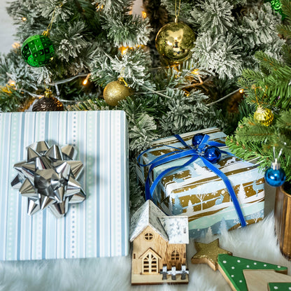 Winter Landscape Gold Christmas Wrapping Paper Roll with White Polka Dot & Stripe on Reverse